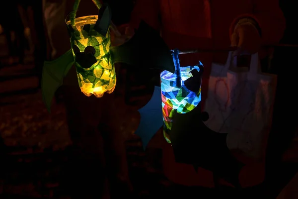 Homemade Children Lanterns Glowing Darkness Traditional Procession Lights Martin Day — Stock Photo, Image