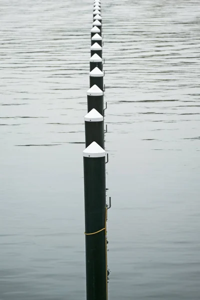 一排排的黑色系泊桩或海豚在水里 11月的灰色一天 波罗的海上空荡荡的游艇港 抽象的图像 近乎单色 复制的空间 选定的焦点 狭窄的野外深度 — 图库照片