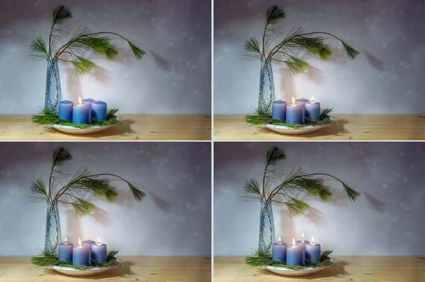 Cuatro Imágenes Con Velas Azules Iluminadas Para Primer Cuarto Advenimiento — Foto de Stock