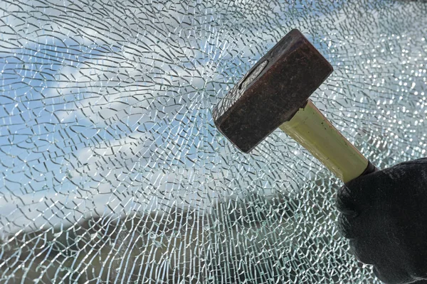 Gloved Hands Criminal Destroying Laminated Glass Window Hammer Violence Burglary — Stock Photo, Image