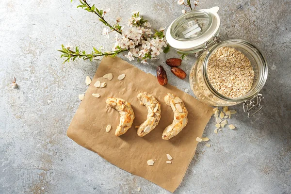 Healthy Cookies Homemade Almond Crescents Sugar Oat Flakes Dates Baking — Stock Photo, Image