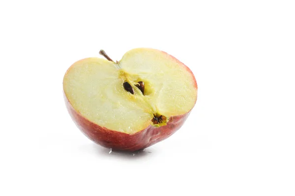 Polovina Čerstvého Organického Červeného Jablka Ovocnou Dužninou Semeny Slupkou Stonkem — Stock fotografie
