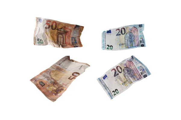 Used Crumpled Fifty Twenty Euro Banknotes Isolated White Background Finance — 스톡 사진
