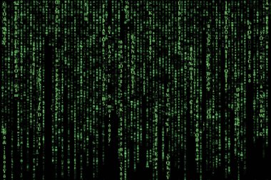 Düşen rastgele karakterlerin, sayıların ve simgelerin olduğu yeşil matris, dijital veri, programlama, siber alan ve hackleme kavramı, soyut tam çerçeve teknolojisi arka planı