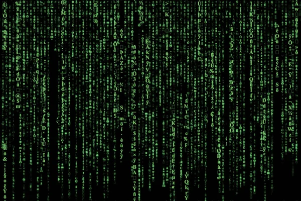 随机下降的绿色矩阵 黑色的数字和符号 数字数据的概念 网络空间和黑客攻击 抽象的全帧技术背景 — 图库照片