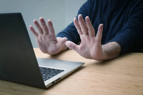 Hands Defensive Gesture Laptop Computer Avoiding Further Work Hacked System — Stock Photo, Image
