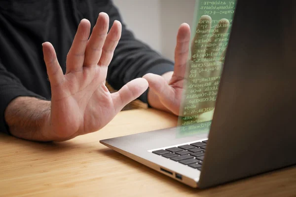Hands Recoil Stop Gesture Laptop Computer Unknown Code Appears Screen — Stock Photo, Image