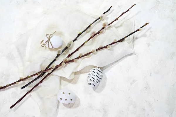 White Easter Eggs Small Black Decor Some Willow Branches Catkins — Stock Photo, Image