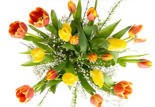 Ramo Flores Primavera Con Tulipanes Amarillos Rojos Vista Alto Ángulo —  Fotos de Stock