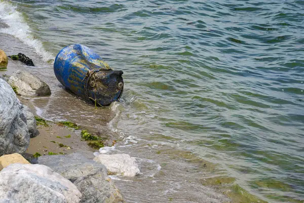 Barrica Metal Aluvial Orilla Playa Del Mar Mediterráneo Grecia Desgarrado — Foto de Stock
