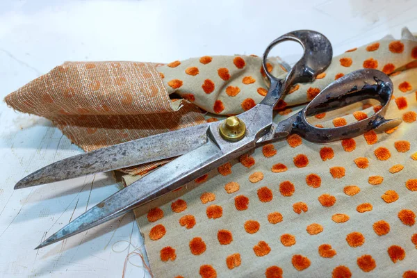 Large Professional Vintage Scissors Lying Furniture Fabric Craft Workshop Interior — Stock Photo, Image