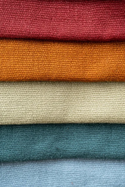 Diferentes Amostras Tecido Colorido Para Cortinas Móveis Feitos Material Natural — Fotografia de Stock