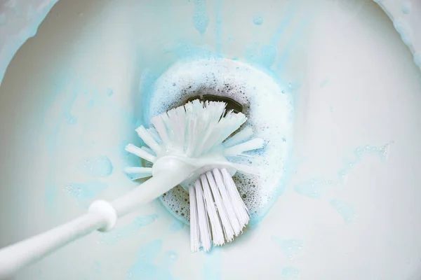 Cleaning a toilet bowl with a brush and strong chemical cleaning foam that pollutes the environment, concept for excessive hygiene versus sustainability household, copy space, selected focus