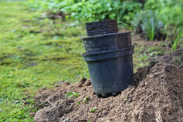 Vide Pots Plantes Plastique Noir Sur Tas Terre Jardin Après Images De Stock Libres De Droits