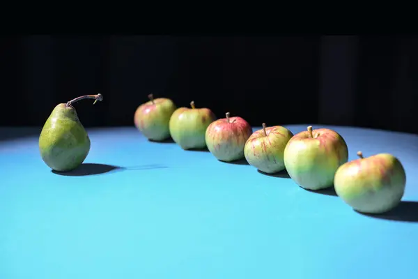 stock image Pear standing in front of a row of apples, metaphor for team leadership, education or military, organic fruits on blue ground and black background, copy space, selected focus, narrow depth of field