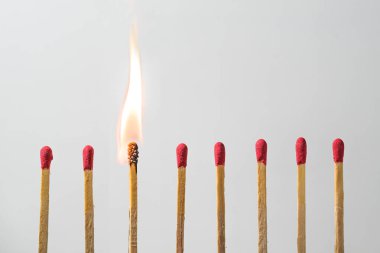 Kibritler dizisi, olağanüstü bir tanesi ateşle yanıyor, yaratıcılık, bağlılık ve liderlik kavramı, açık gri arka plan, kopyalama alanı