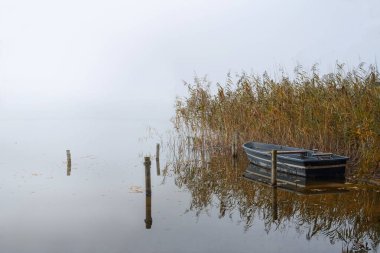 Sakin sulara demirlemiş kayık sisli sonbahar havasında bir gölde kuru sazların yanında mevsimlik sabah manzarası, büyük fotokopi alanı, seçilmiş odak noktası.