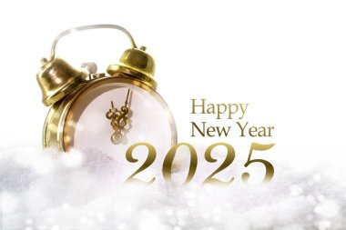 Happy New Year 2025 as text and a golden vintage alarm clock on a snowy background, greeting card with copy space clipart