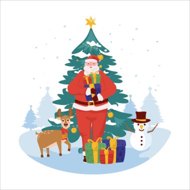 Noel Baba ve Noel hediyesi düz çizim