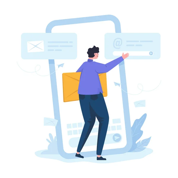 Homme Envoyant Email Communication Flat Design — Image vectorielle