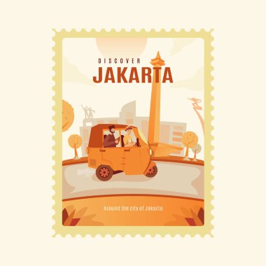 Geleneksel Bajaj araçları kullanarak Jakarta şehrinde düz tasarım