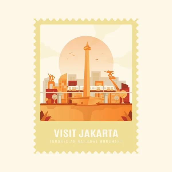 Visita Diseño Ilustración Plana Yakarta Con Plantilla Sello Postal — Vector de stock