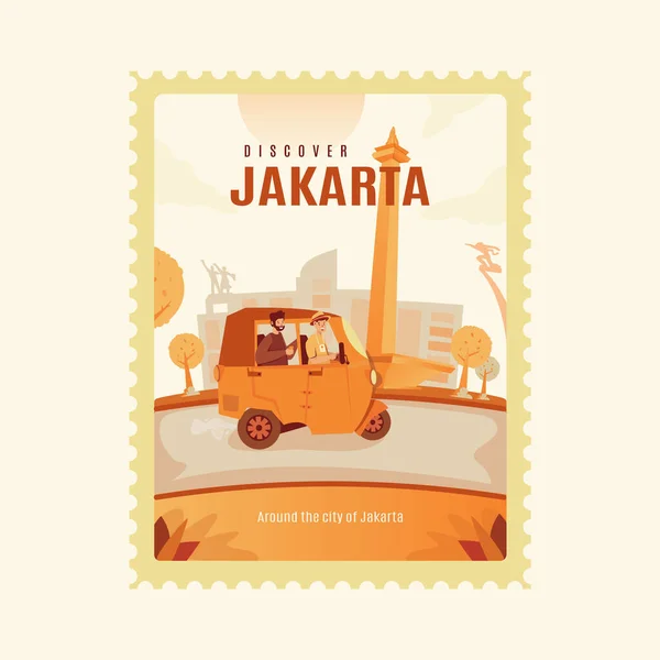 Diseño Plano Conduciendo Por Ciudad Yakarta Usando Vehículos Tradicionales Bajaj — Vector de stock