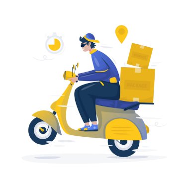Kurye, scooter 'la hızlı teslimat hizmeti illüstrasyonuyla paket gönderiyor