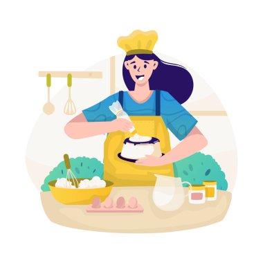 Pasta yaparken eğlenen bir kadın vektör çizimi yapıyor.