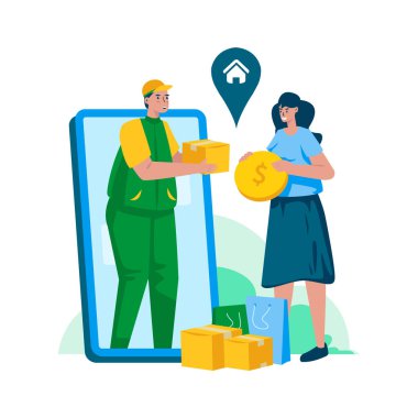 Teslimat ödeme illüstrasyonunda nakit parayla online alışveriş