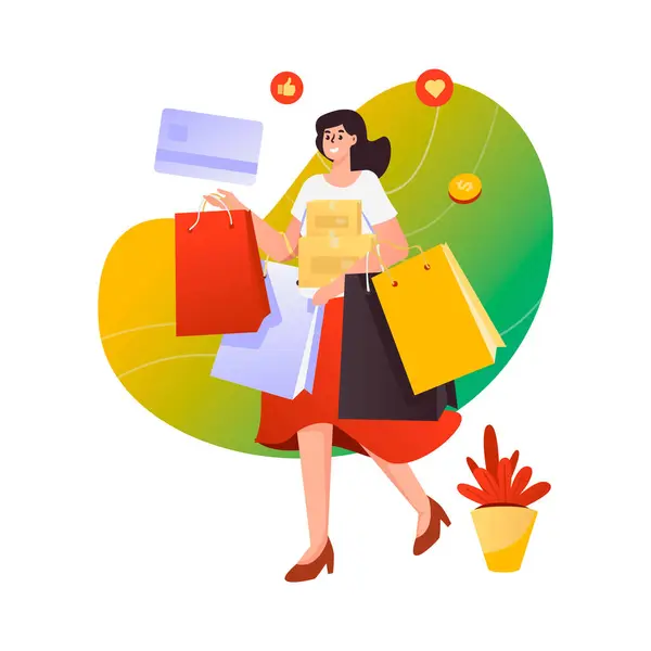 Happy Woman Grande Vente Shopping Illustration Vectorielle Discount — Image vectorielle