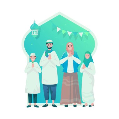 Müslüman aile bayramı düz tasarım illüstrasyonunu selamlıyor