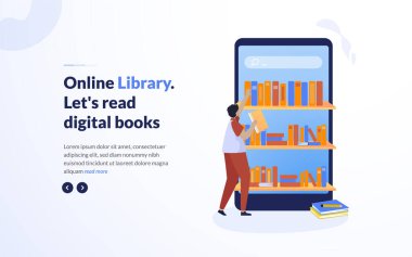 Çevrimiçi kütüphane dijital kitap illüstrasyon tasarımı