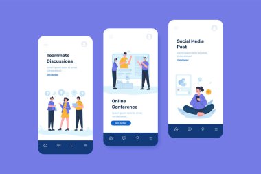 Bir grup insan mobil şablonda iletişim illüstrasyonunu tartışıyor