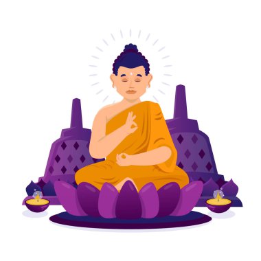 Buda 'nın düz çizimi, arka planda bir tapınakla meditasyon yapmaktır.