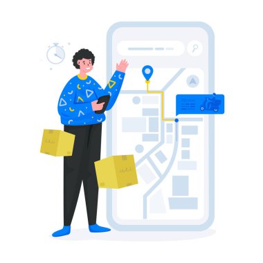 Çevrimiçi alışveriş siparişleri gerçek zamanlı takip ediliyor, kargo paketi vektör ilüstrasyonunu kontrol edin