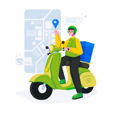 Paket göndermeye hazır bir kuryenin tasviri, kargo konsepti için scooter 'a binen bir teslimatçı.