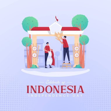 Youth characters decorating the gate to celebrate Indonesia independence day vector illustration clipart