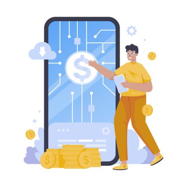 Finansal teknoloji mobil uygulama illüstrasyonuna sahip bir adam