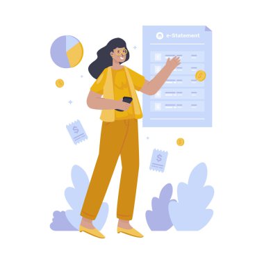 İşlem belgesi, elektronik hesap bankacılık mali raporu, vektör illüstrasyonu olan bir kız.