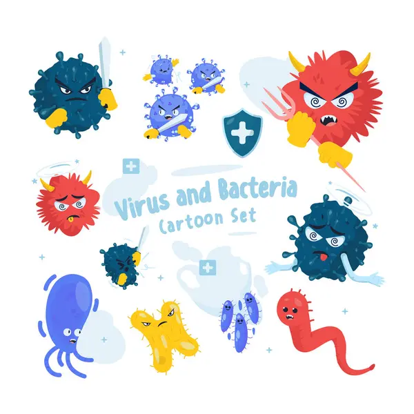 stock vector Viruses and bacteria cartoon set, Flat design medical virus bacteria character element set, Vector illustration