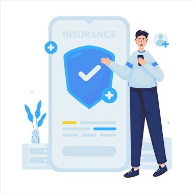 Sigortası olan mobil uygulama vektörü çizimi olan bir adam