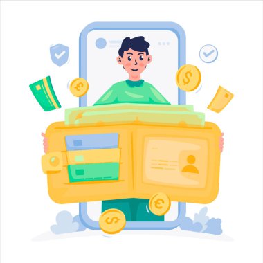 Telefon ekranında cüzdanını açan bir adamla dijital cüzdan uygulaması