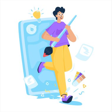 Erkek karakter fırçayı yaratıcı tasarım çizimi olarak tutuyor