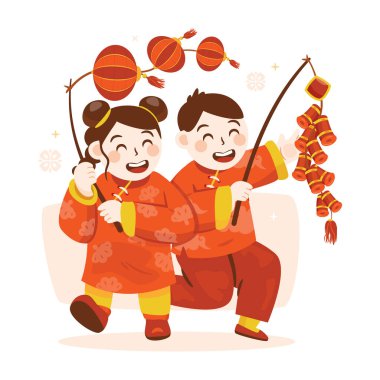 İki çocuk Çin Yeni Yıl Festivali 'nde fenerlerle ve havai fişeklerle oynuyor.