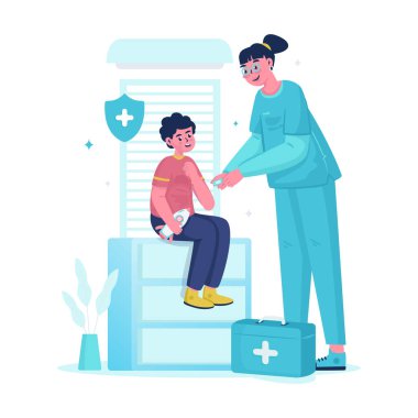 Bir hemşirenin bir çocuğun koluna alçı uygulaması, çocuk kolundaki yarayı kontrol eden çocuk doktoru, vektör tasarımı.