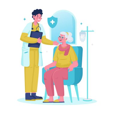 Özel doktor yaşlı bir hastayı muayene ediyor, bakıcı büyükannesine bakıyor, vektör illüstrasyonu.