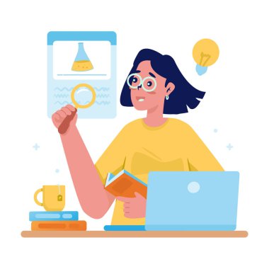 Bir kız çevrimiçi öğrenim konsepti çizimi için bir kitap okuyup video izliyor.