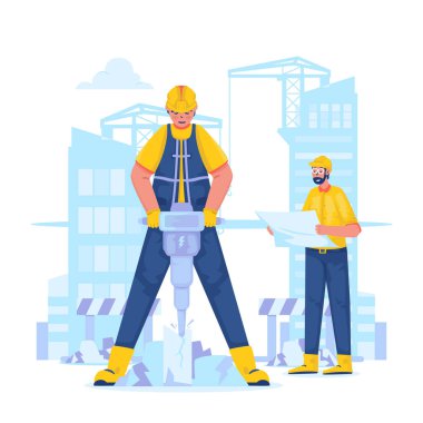 İnşaat mühendisi ve inşaat işçisi karakter çizimi