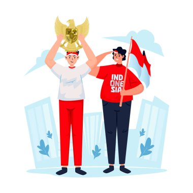 Pancasila Günü kutlaması. Garuda sembollü iki Endonezyalı gençle.